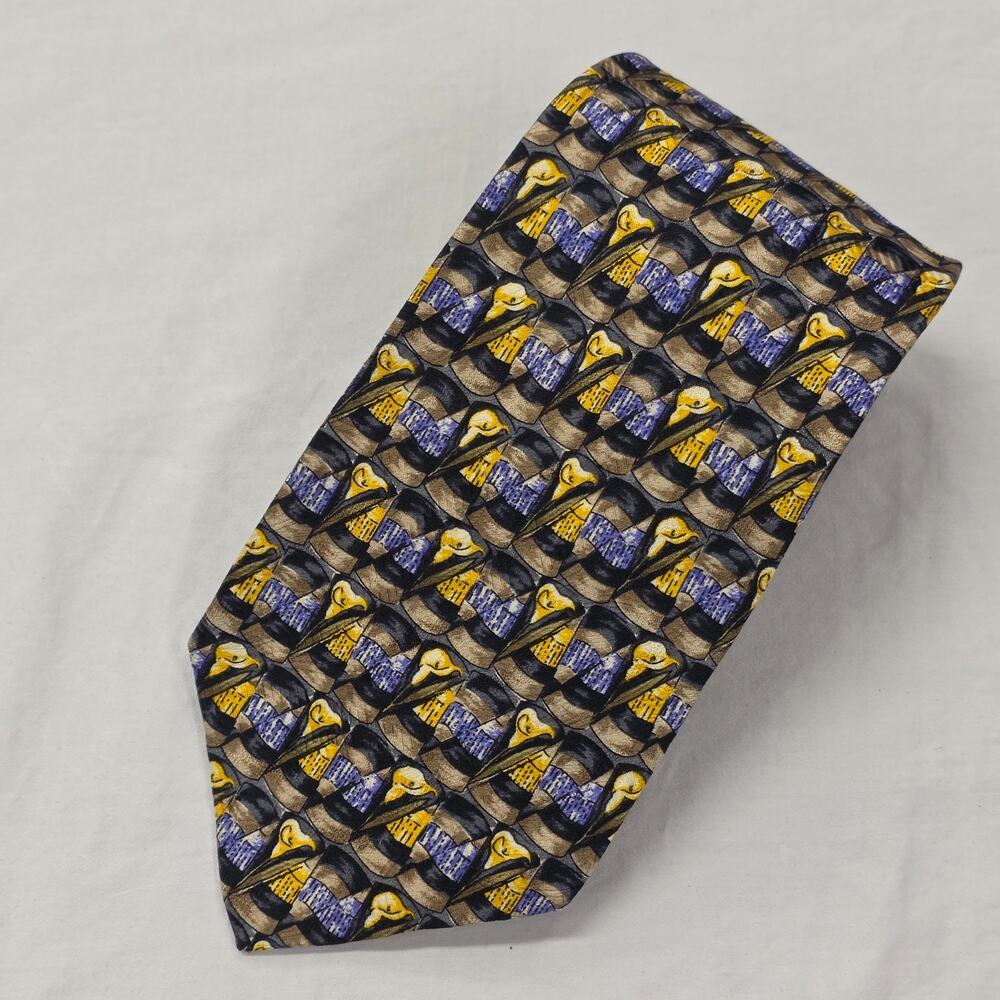 Robert Talbott Omaggio Silk Necktie Tie Blue Yellow Stylized Lily Floral Geom